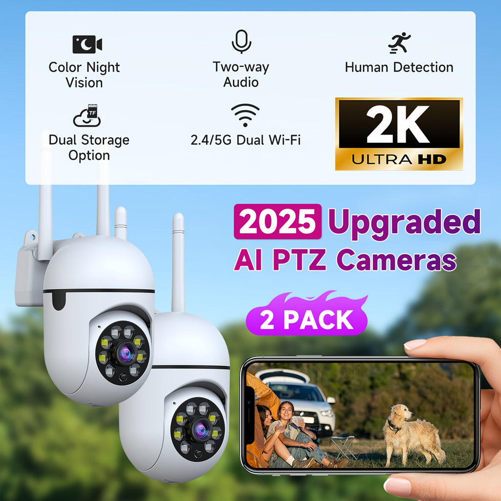 2K Security Camera 2-Pack, 5G Dual-Band WiFi Cameras with 355° Pan & Tilt, 2K QHD, AI Motion Detection & Tracking, Color Night Vision, Two-Way Audio, 256GB SD & Cloud, Festival Gift