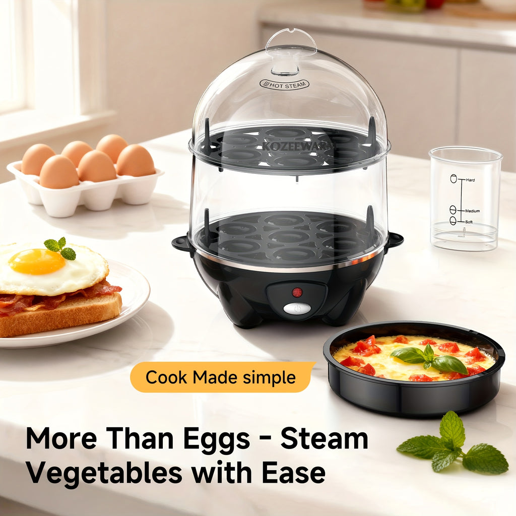 Layered Egg Cooker with Auto Shut-Off, Single or Double Layer Model Options for Boiled Eggs, Scrambled Eggs, Omelets, Steamed Vegetables and Dumplings
