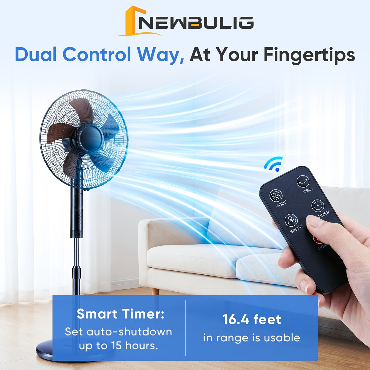 Adjustable Height Pedestal Fan in Black with Remote Control, 45–53 Inch Standing Design, 80° Oscillation, Three Speeds, Three Modes and 12-Hour Timer