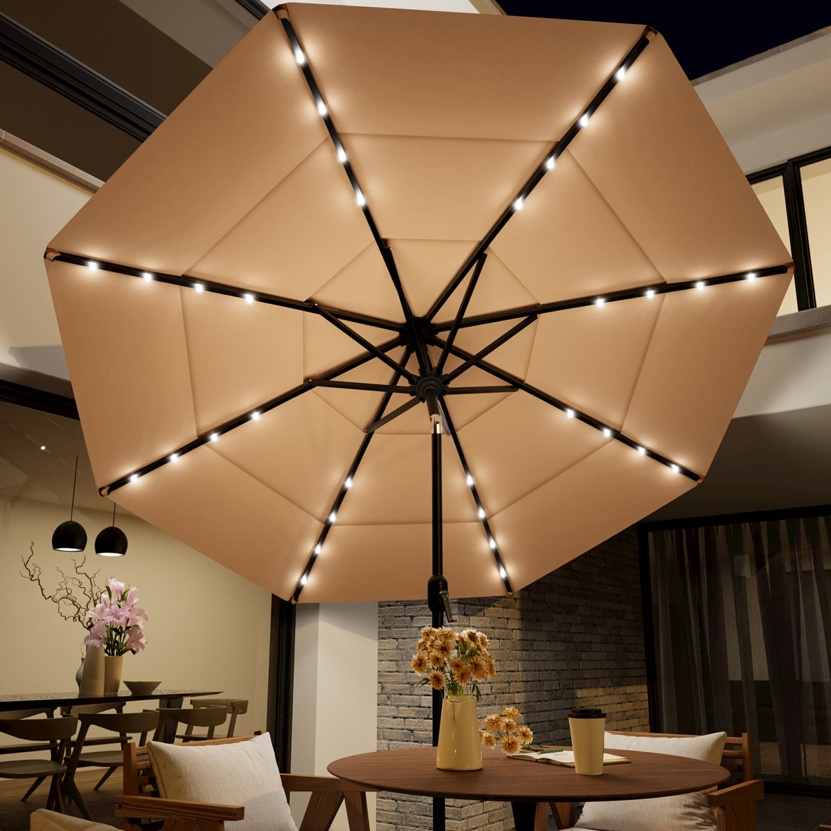 Triple Vented Patio Umbrella in Burgundy, 10ft or 11ft Outdoor Market Shade with Push-Button Tilt, Eight Ribs and 180GSM Yarn-Dyed Canopy for Garden Seating