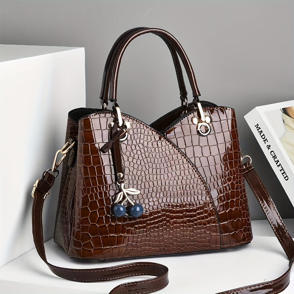 Faux Crocodile Texture Handbag, Women's Burgundy or White Fashion Bag with Cherry Pendant, Zipper Closure and Polyester Lining for Shoulder and Crossbody Styling