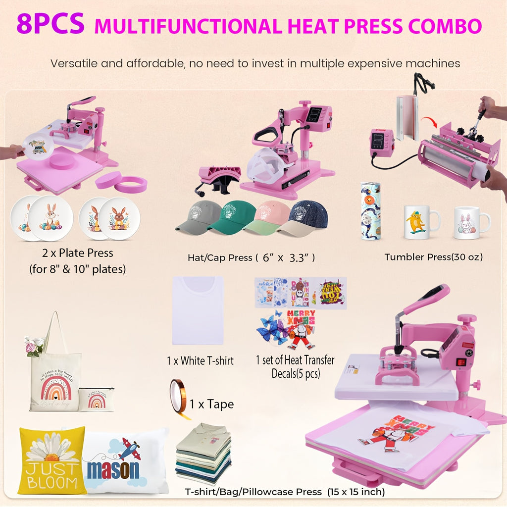 Combo Heat Press Machine with 5-in-1 or 8-in-1 Attachment Sets, 15x15 and 15x12 Inch Options or 12x10 Inch Textile-Only Press for DIY Customization