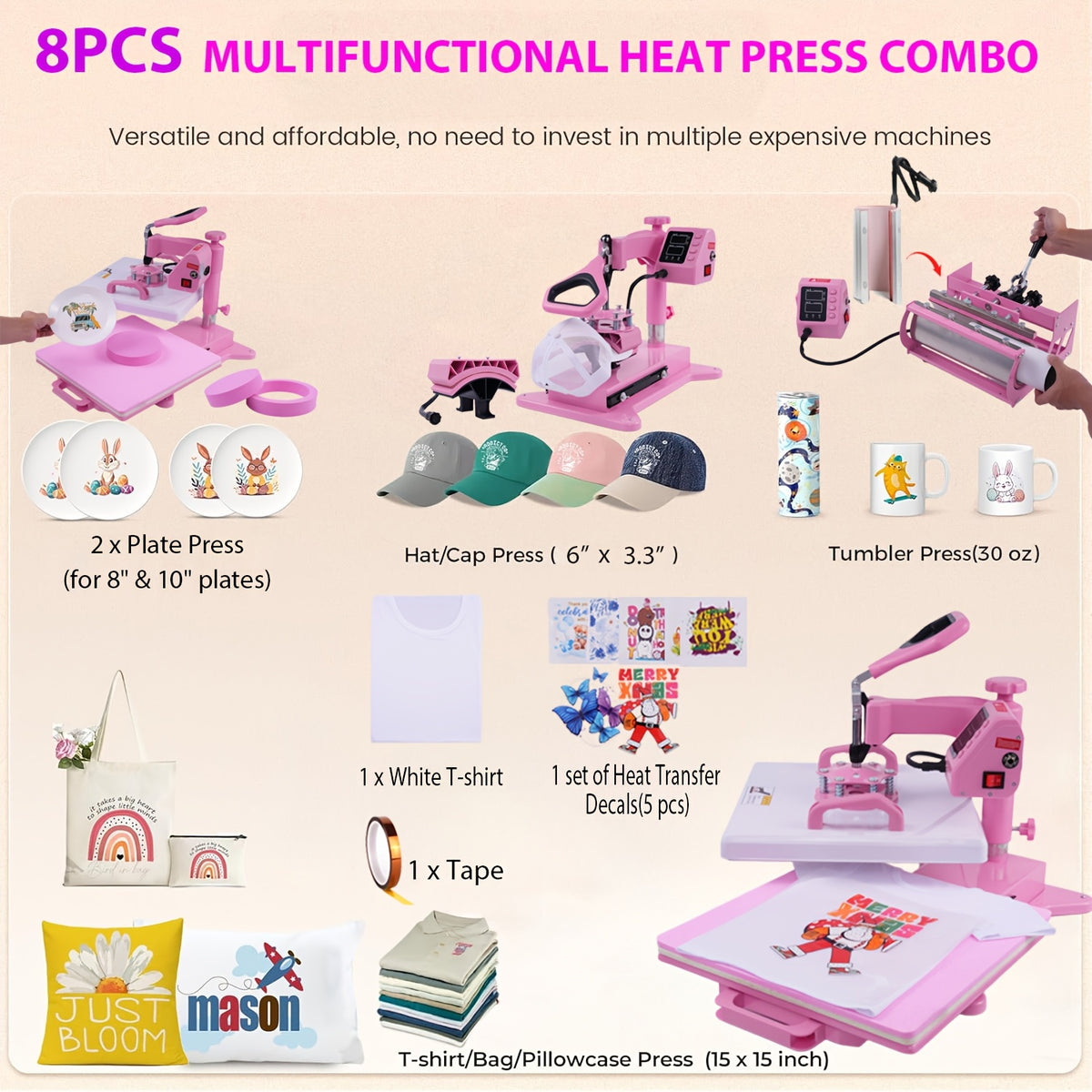 Combo Heat Press Machine with 5-in-1 or 8-in-1 Attachment Sets, 15x15 and 15x12 Inch Options or 12x10 Inch Textile-Only Press for DIY Customization