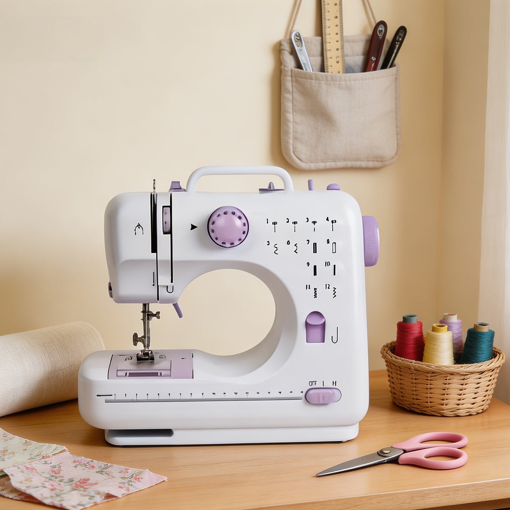 Electric Home Sewing Machine in Light Purple with Listed 12 Stitch Settings, Reverse Sewing, Thread Winding, Tension Dial and Sewing Light for DIY Fabric Projects