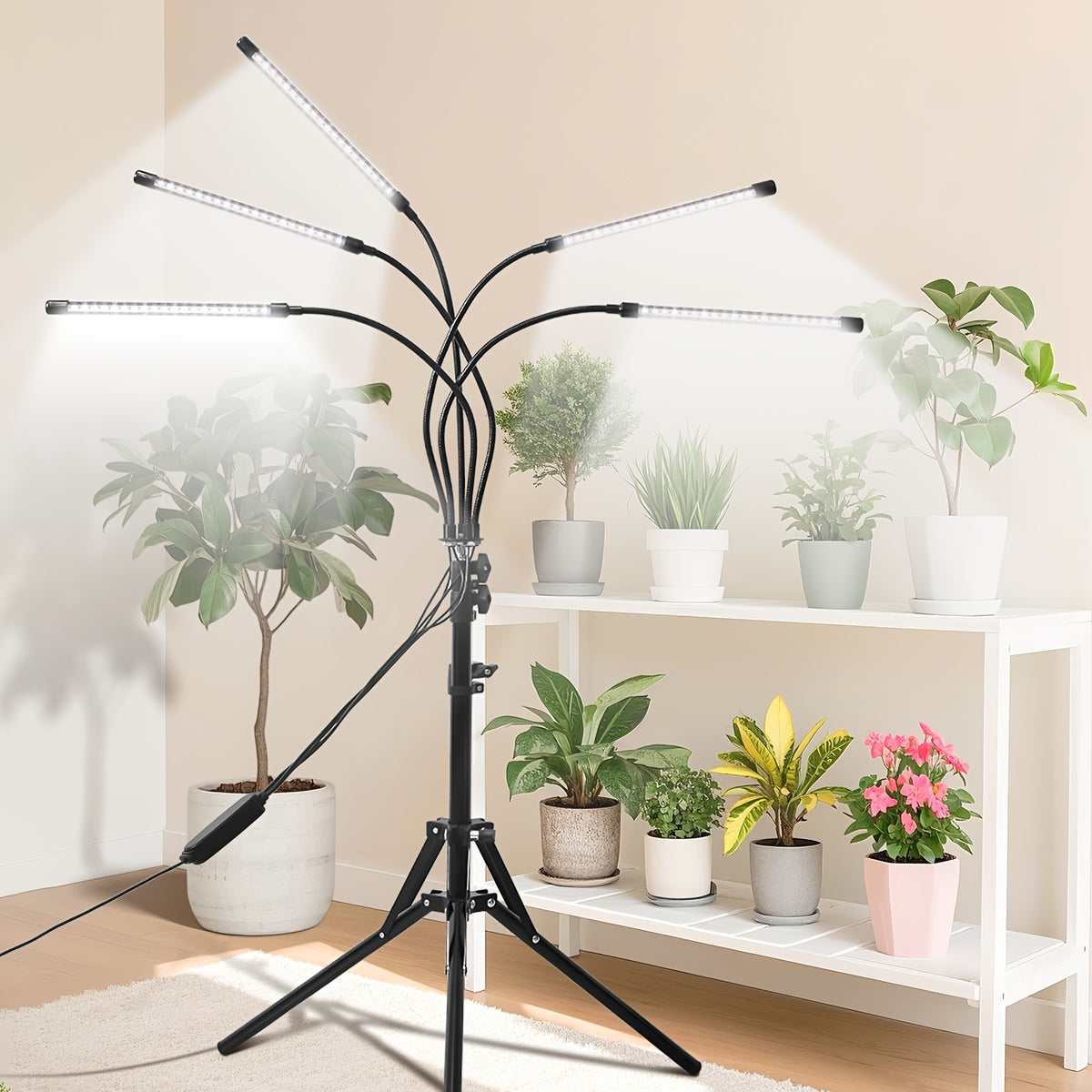 Floor Standing Grow Light for Indoor Plants with Four or Five LED Tubes, Adjustable Brightness and Listed 3, 9 or 12 Hour Timer Settings