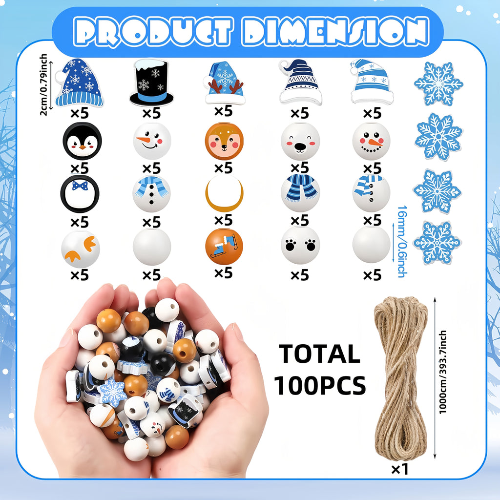 Winter Wooden Craft Beads, 100-Piece Snowman, Polar Bear, Penguin and Reindeer Theme Assortment for DIY Christmas Ornaments, Wreaths and Farmhouse Holiday Decor