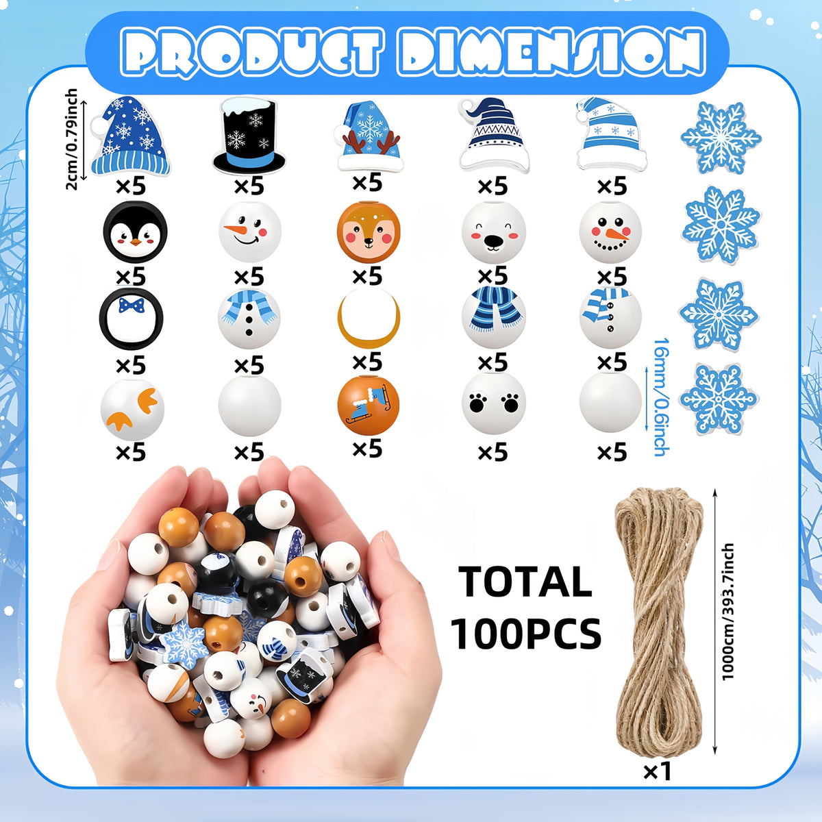 100pcs Winter Snowman Polar Bear Penguin Reindeer Wooden Beads - Round Wood Craft Beads Suitable for DIY Ornaments, Christmas Wreaths, Farmhouse Decorations, Holiday Crafts with Snowman, Reindeer, Penguin Shapes for Party Decorations