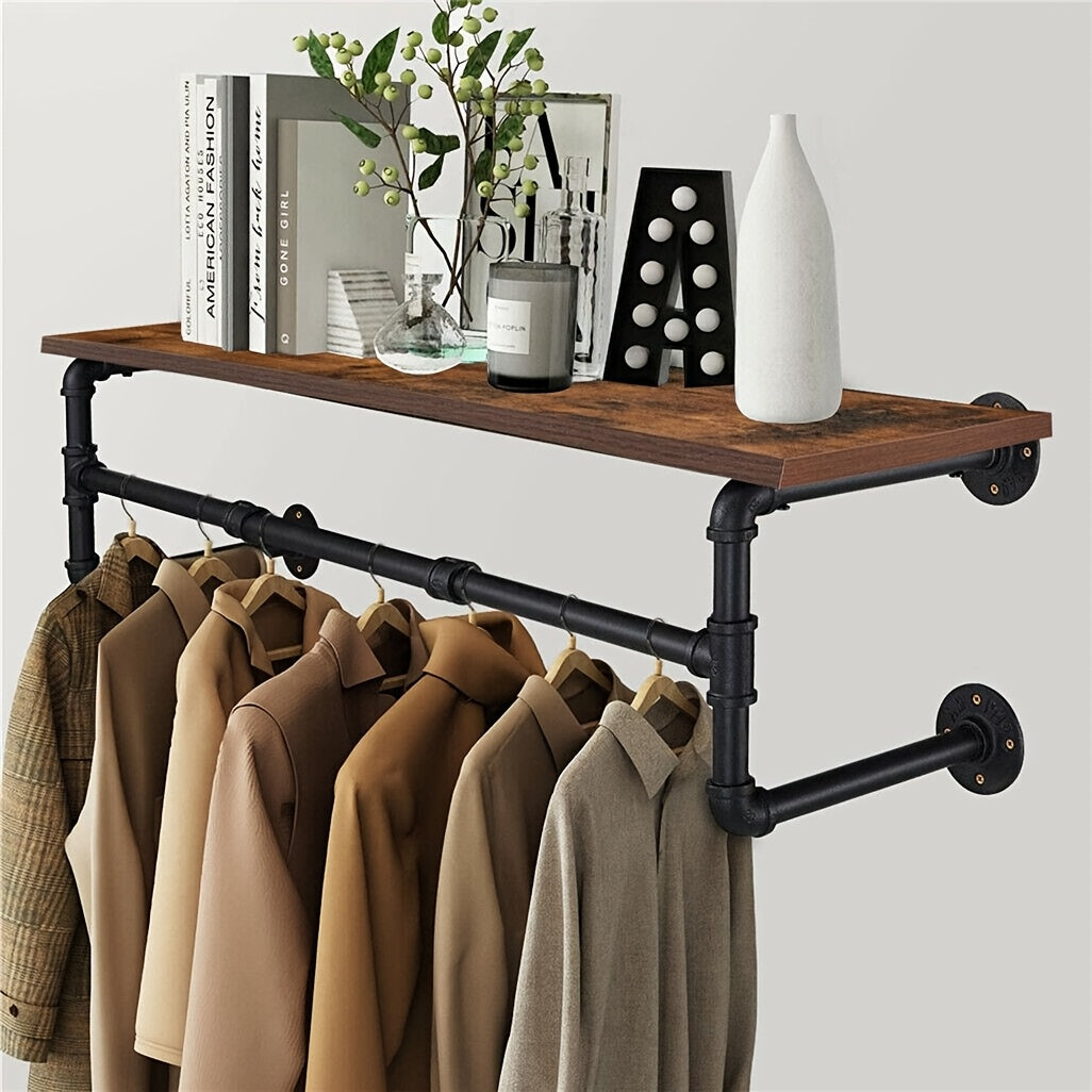 Industrial Pipe Clothes Rack by AESOME, 39.3-Inch Wall-Mounted Hanging Rod with Wood Top Shelf and Three Hooks in Black and Dark Brown for Closet Storage