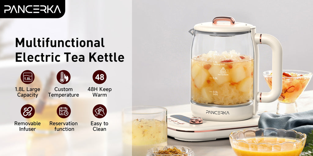 Electric Glass Tea Maker by PANCERKA, 1.8L Multifunction Kettle with Infuser and Detachable Filter in Beige for Home Tea Brewing & Kitchen Use