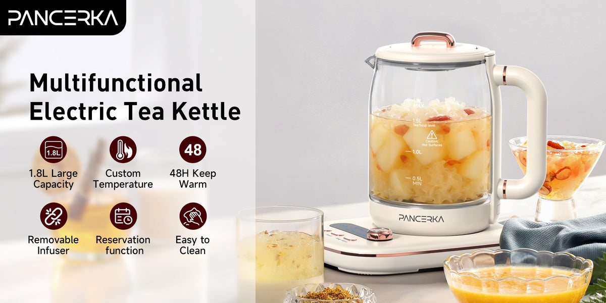 Electric Glass Tea Maker by PANCERKA, 1.8L Multifunction Kettle with Infuser and Detachable Filter in Beige for Home Tea Brewing & Kitchen Use