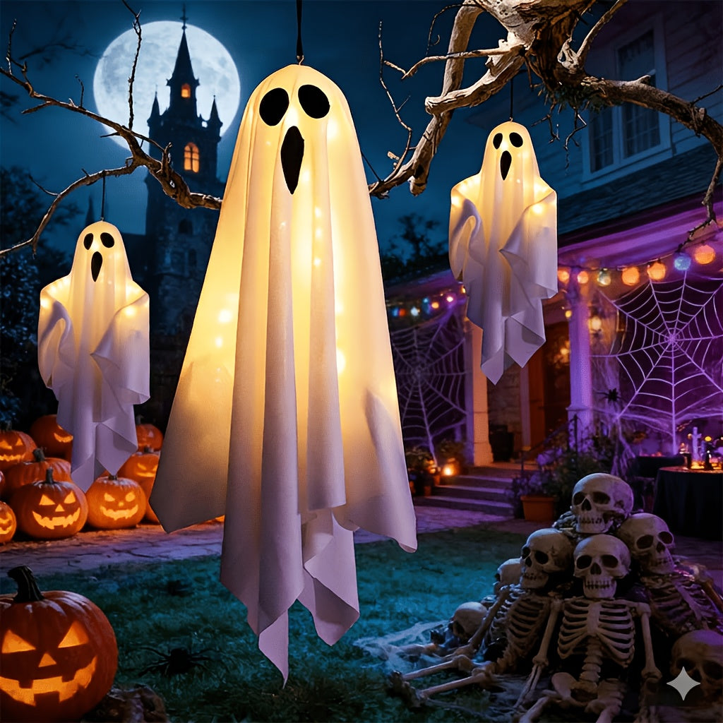 LED Hanging Ghost Decorations 3-Pack, Listed 20-Inch White Polyester Halloween Ghosts for Indoor Parties and Suitable Porch, Tree and Yard Displays