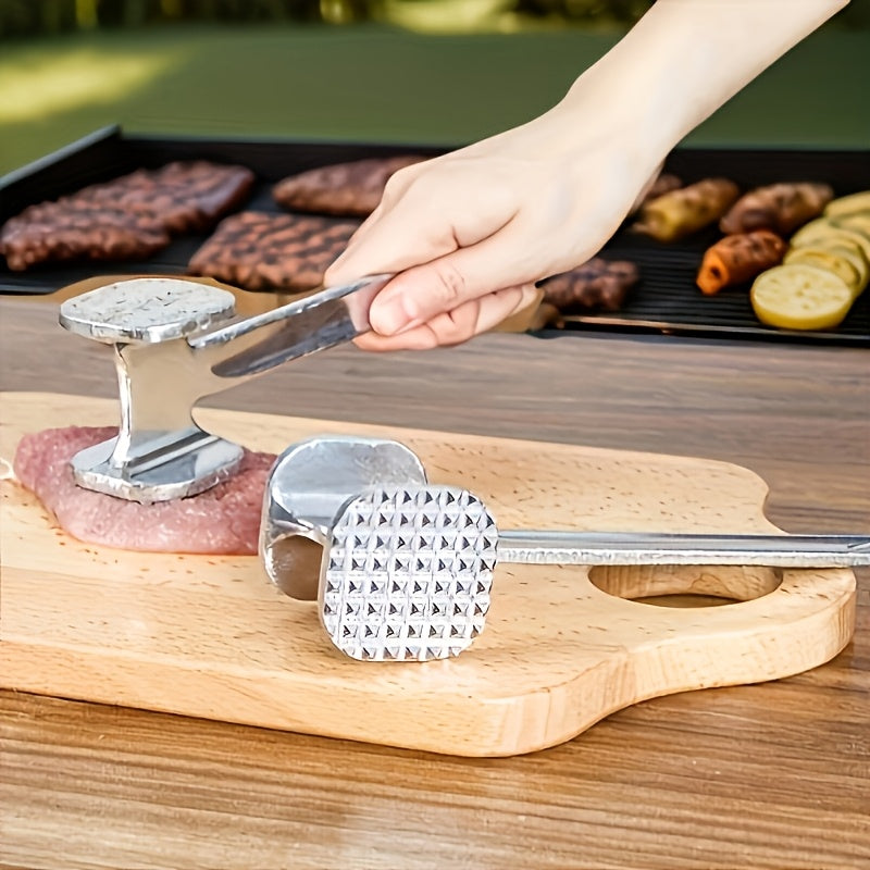 Double-Sided Meat Hammer with Listed Food Cover, Silvery Stainless Steel Manual Kitchen Mallet for Recipe-Guided Beef, Chicken and Pork Preparation