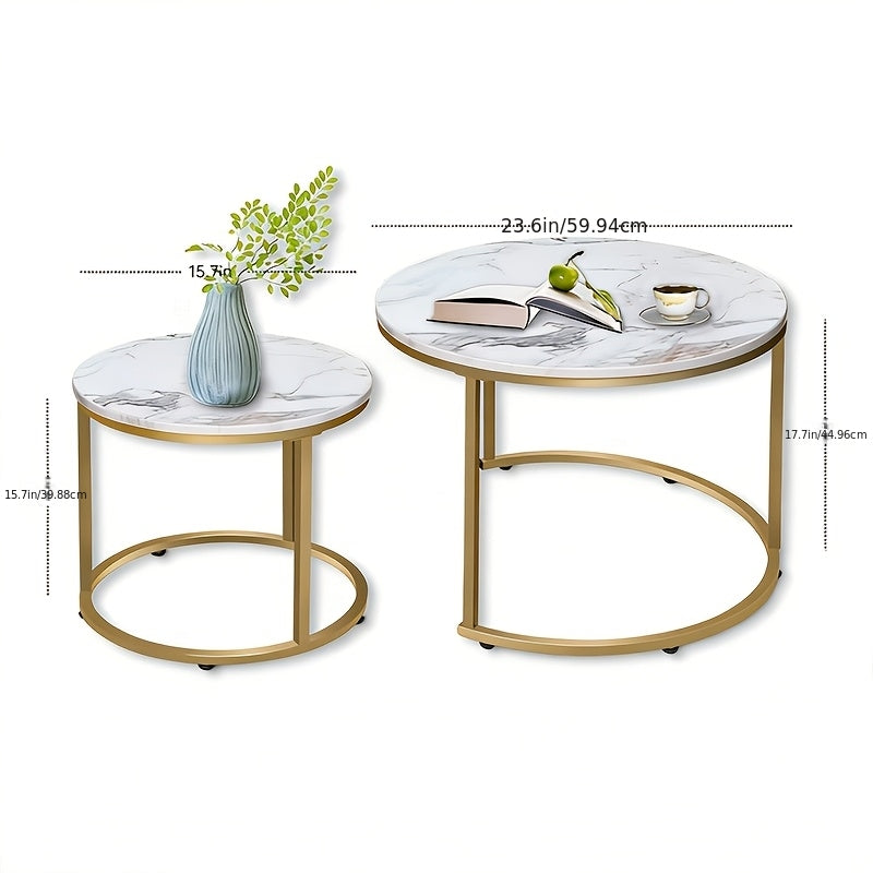Round Nesting Tables Set of Two for Living Room and Bedroom, Modern Circular Accent Tables with Seven Finish Options Including White Faux Marble and Gold