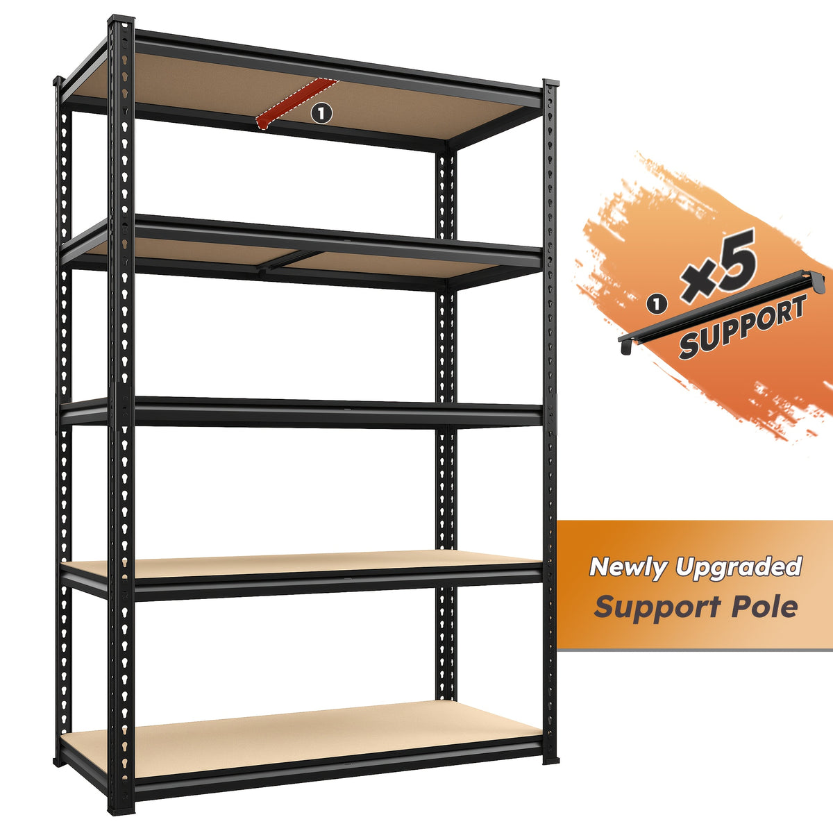 Five-Tier Garage Storage Shelving with Adjustable Shelf Heights, Listed 72-Inch Metal-Frame Rack in Black or Galvanized Options for Pantry and Basement Organization