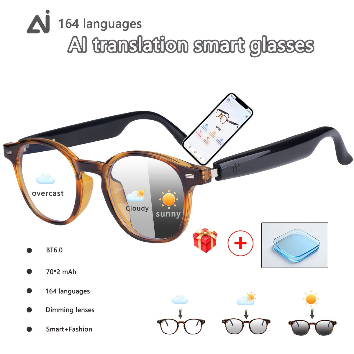160 Language Translation Smart Glasses, AI Audio Glasses with ChatGPT, HD Calls & HiFi Music, Built-in Mic & Speaker, Photochromic Lenses, Real-Time Translator Eyewear for Travel, Meetings, Men & Women