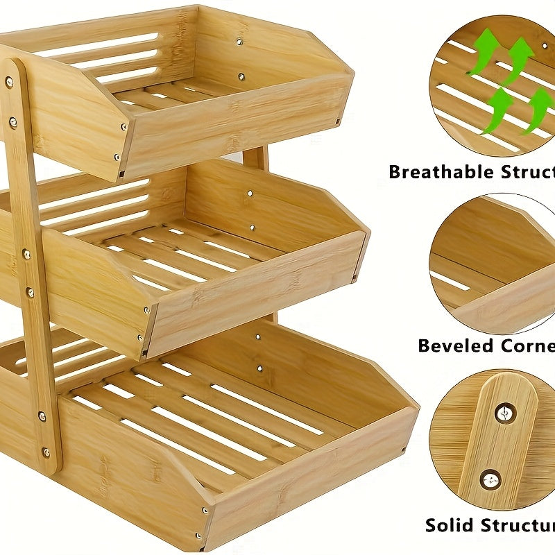 Wooden Fruit Basket Stand for Kitchen Countertops, Two or Three Tier Open Slat Produce Organizer with Natural Wood Finish and Detachable Hooks for Fruit, Bread and Packaged Snacks