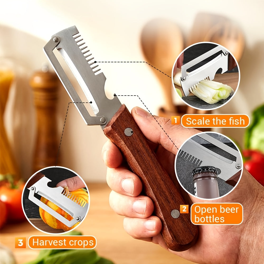 Wooden Handle Vegetable Peeler Set, Two-Piece Stainless Steel Blade Kitchen Tools with Listed Bottle Opener Function for Potatoes, Apples and Zucchini