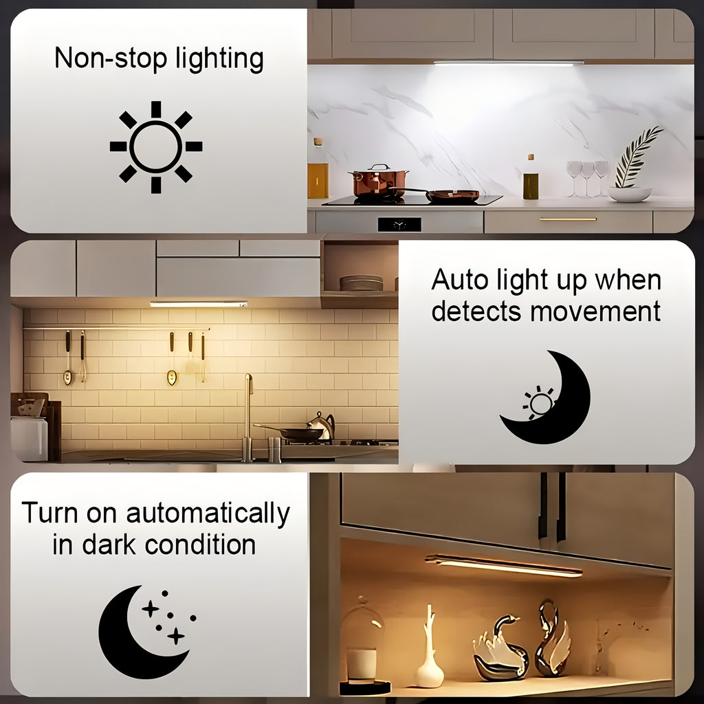 Motion Sensor Under Cabinet Lights with 3 Color Temperatures, USB-C Rechargeable Magnetic LED Bars in 20, 30 or 40cm and 1, 2 or 4-Pack Options