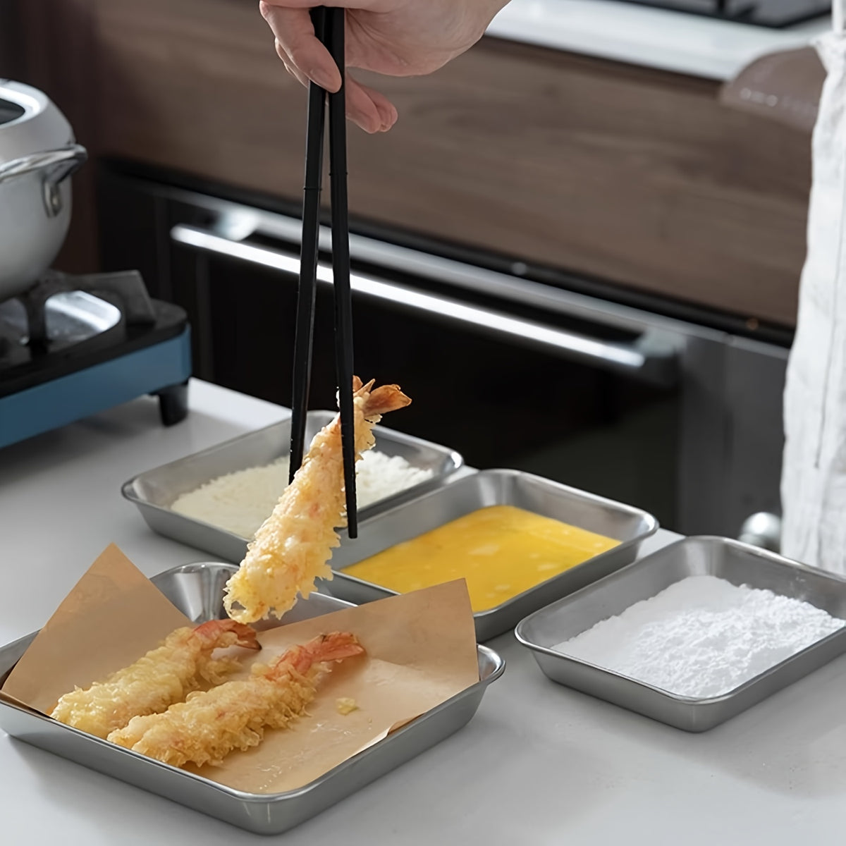 Stainless Steel Breading Tray Set with Three Food Prep Pans for Chicken Breast, Fish, Breadcrumb Coating and Meat Marinating in Home Kitchens