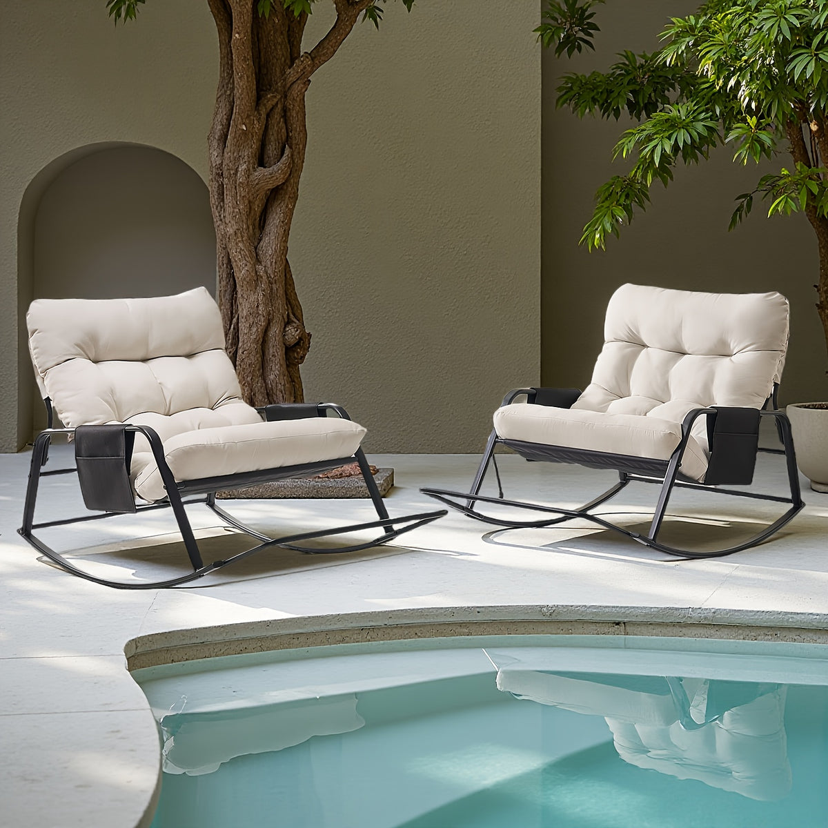 Patio Rocking Chair with Cushion in Papasan Egg Style, Grey, Beige, Khaki or Black with One or Two-Piece Options for Deck Lounging and Garden Reading