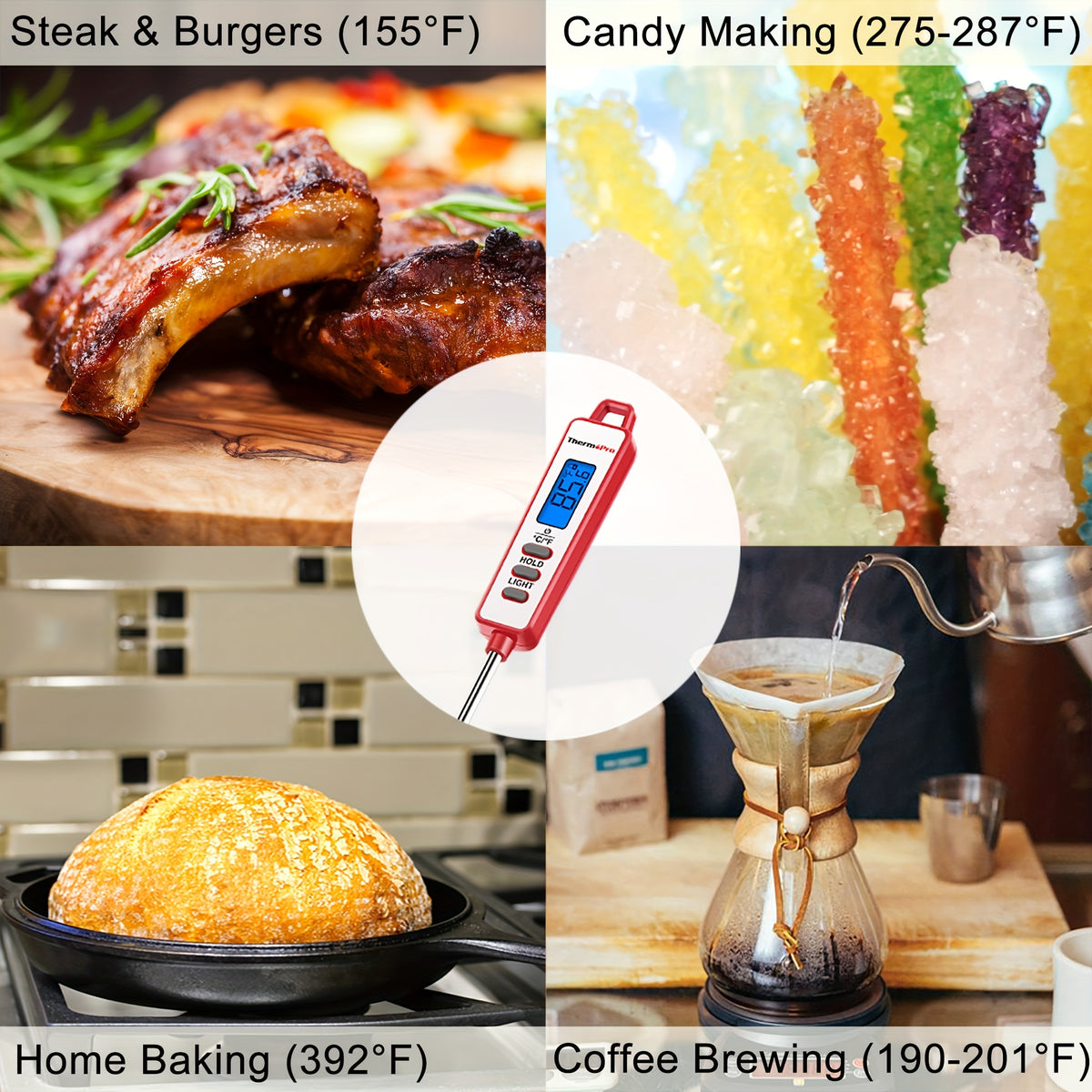 ThermoPro TP01AW Meat Thermometer with Red Backlit Digital Display, Reading Lock and Fahrenheit/Celsius Selection for BBQ, Candy and Kitchen Spot Checks