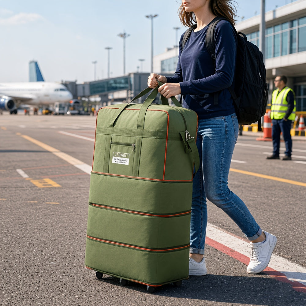 Expandable Nylon Rolling Storage Bag, Foldable Black or Green Travel and Moving Bag with Straight-Line Wheels and Multiple Packing Compartments