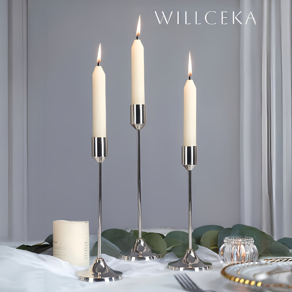 Metal Candle Holders Three-Piece Set for Wedding Centerpieces, Anniversary Dinner Tables and Seasonal Decor with Golden-Tone, French Golden, Silvery or Black Labels