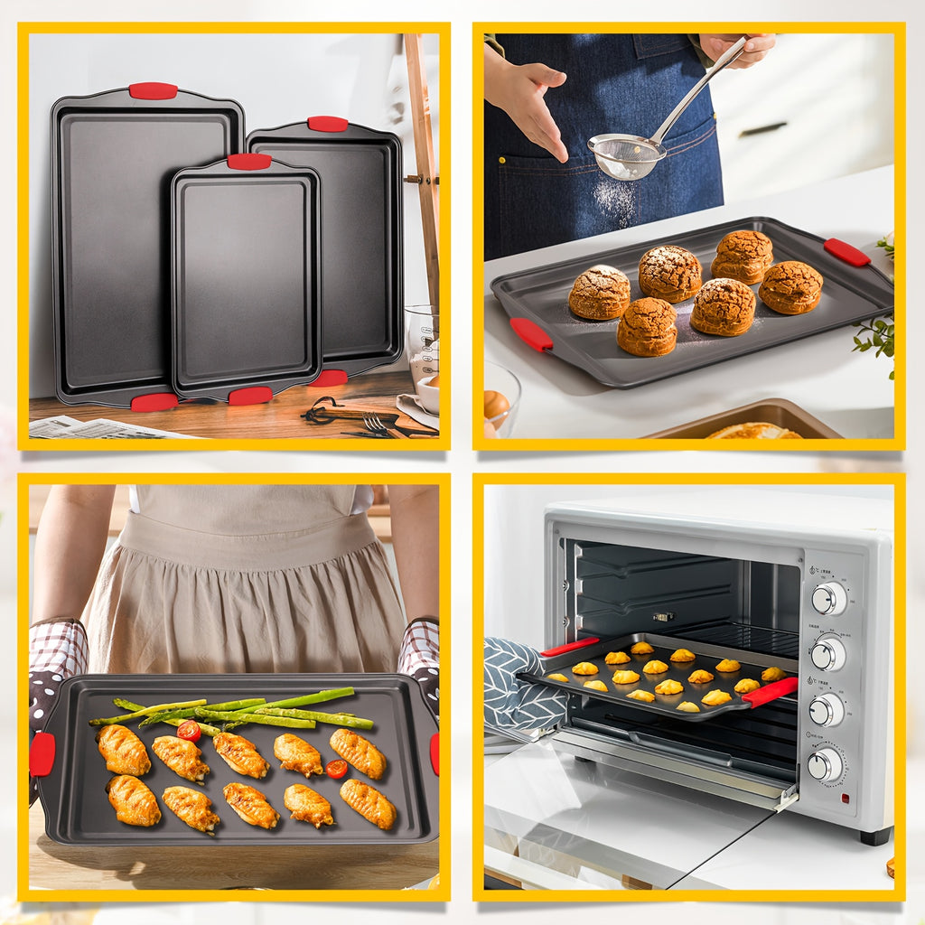 Baking Pan Set with Red Silicone Handles, 3-Piece Gray Carbon Steel Oven Bakeware with Listed Interior and Exterior Nonstick Finish for Home Baking