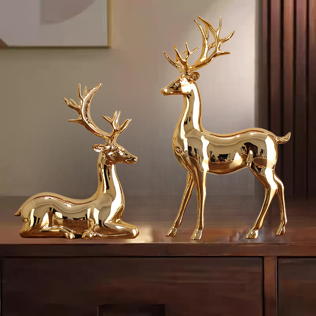 Reindeer Figurines in Champagne Golden or Silvery, Listed Two-Piece Decorative Set for Christmas Home Displays, Living Room Accents and Desk Styling
