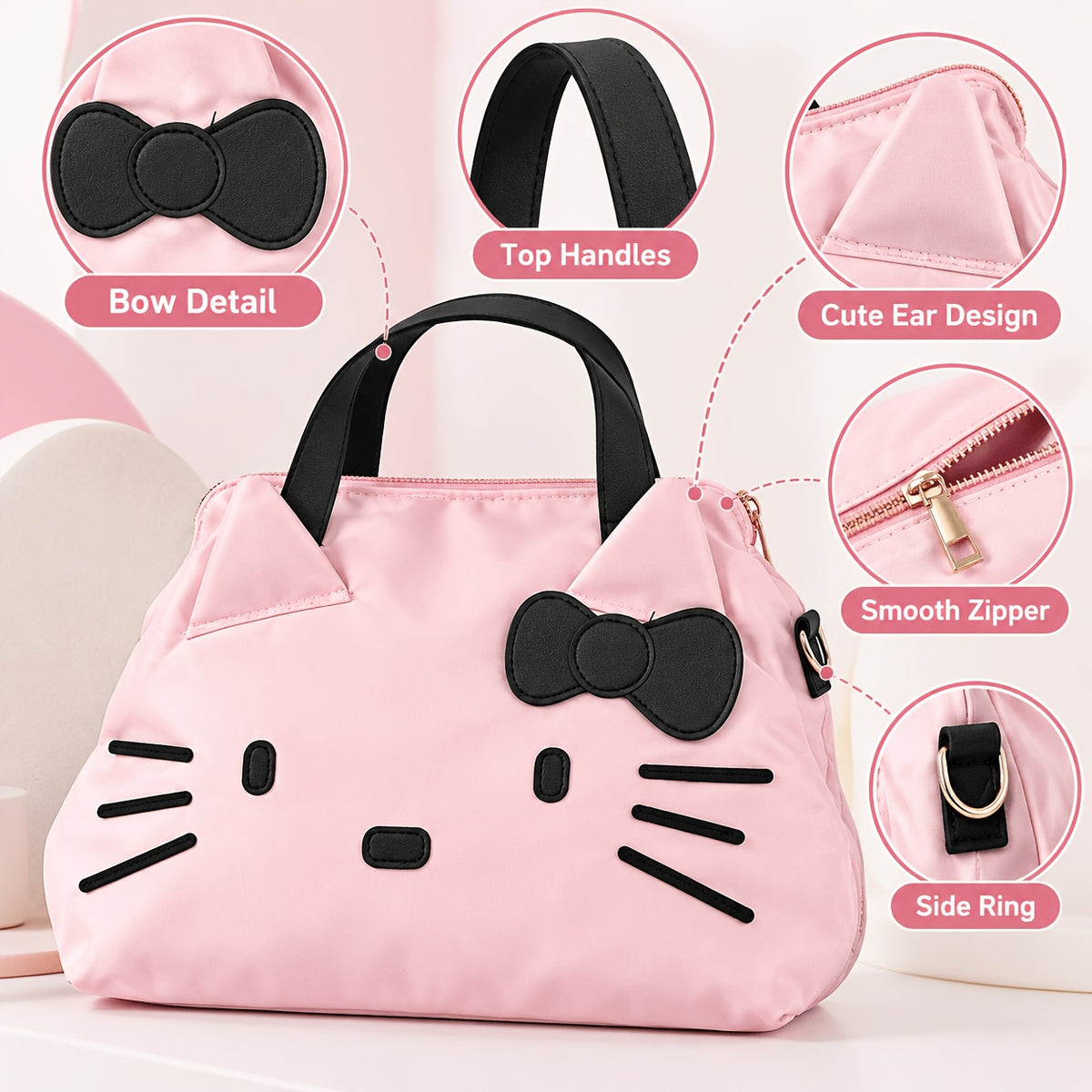 Bow Decorated Nylon Tote Bag with Hello Kitty Theme, Shoulder and Crossbody Carry for Daily Commutes, Gym Visits and Weekend Travel