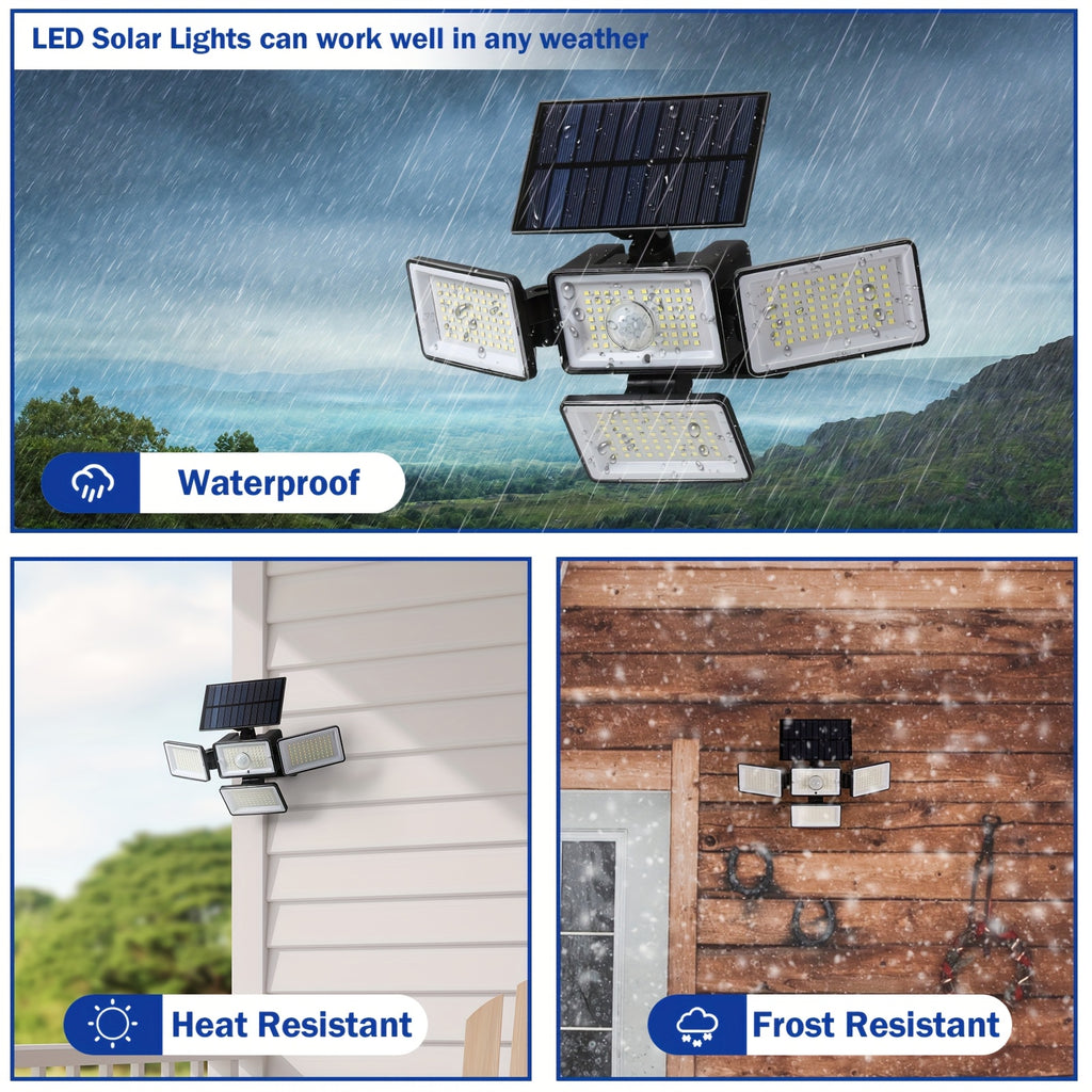 Four-Head Solar Motion Sensor Outdoor Lights, 2-Pack 288 LED Floodlights with Remote Control, 4 Lighting Modes and IP65 Rating for Yard, Patio and Garage
