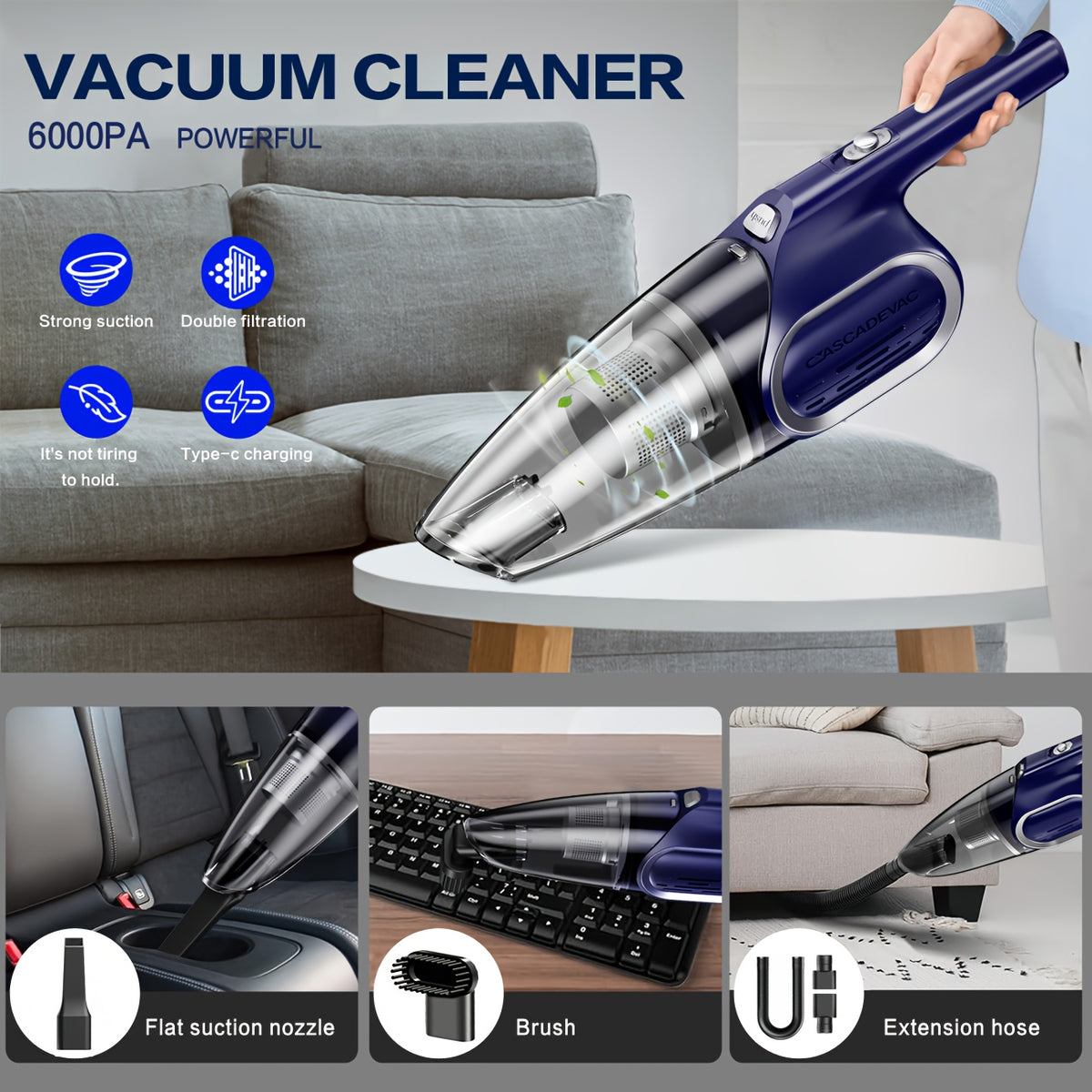 Mini Cordless Handheld Vacuum with 6000Pa Suction, Dual Filtration, One-Click Dust Cup Emptying and USB Charging, 2000mAh Battery for Home and Car Cleanup
