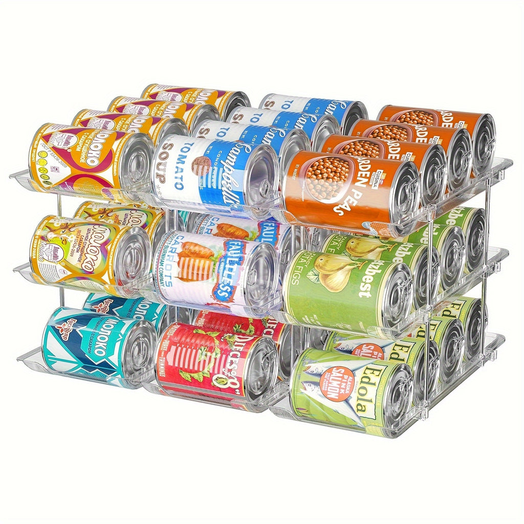 Three-Tier Can Organizer Rack, Clear Plastic Stackable Rolling Storage for Soda and Canned Foods, 3 Layers-3 Sets Option with Listed 36-Can Capacity Reference