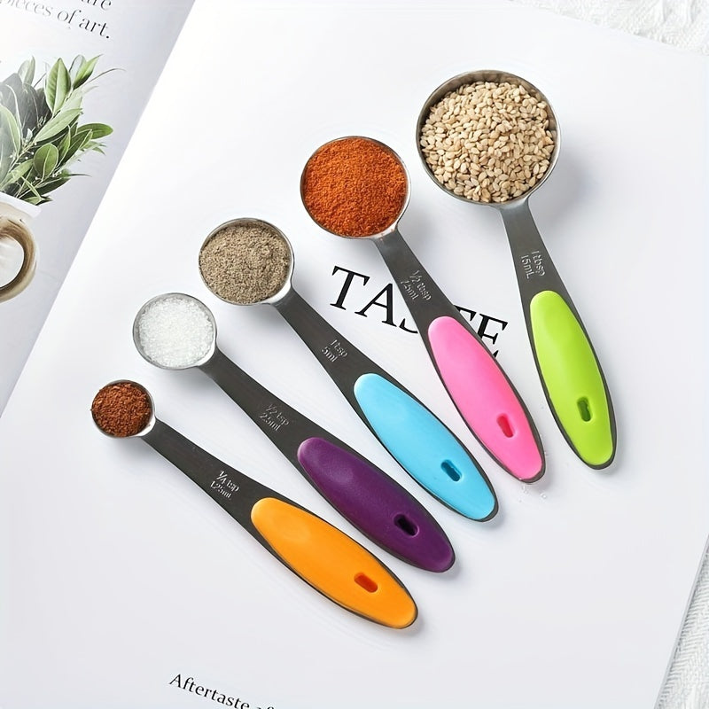 Five-Piece Measuring Spoon Set, Stainless Steel Kitchen Measuring Tools with Listed Silicone Handles for Everyday Recipe Prep, Home Cooking and Baking