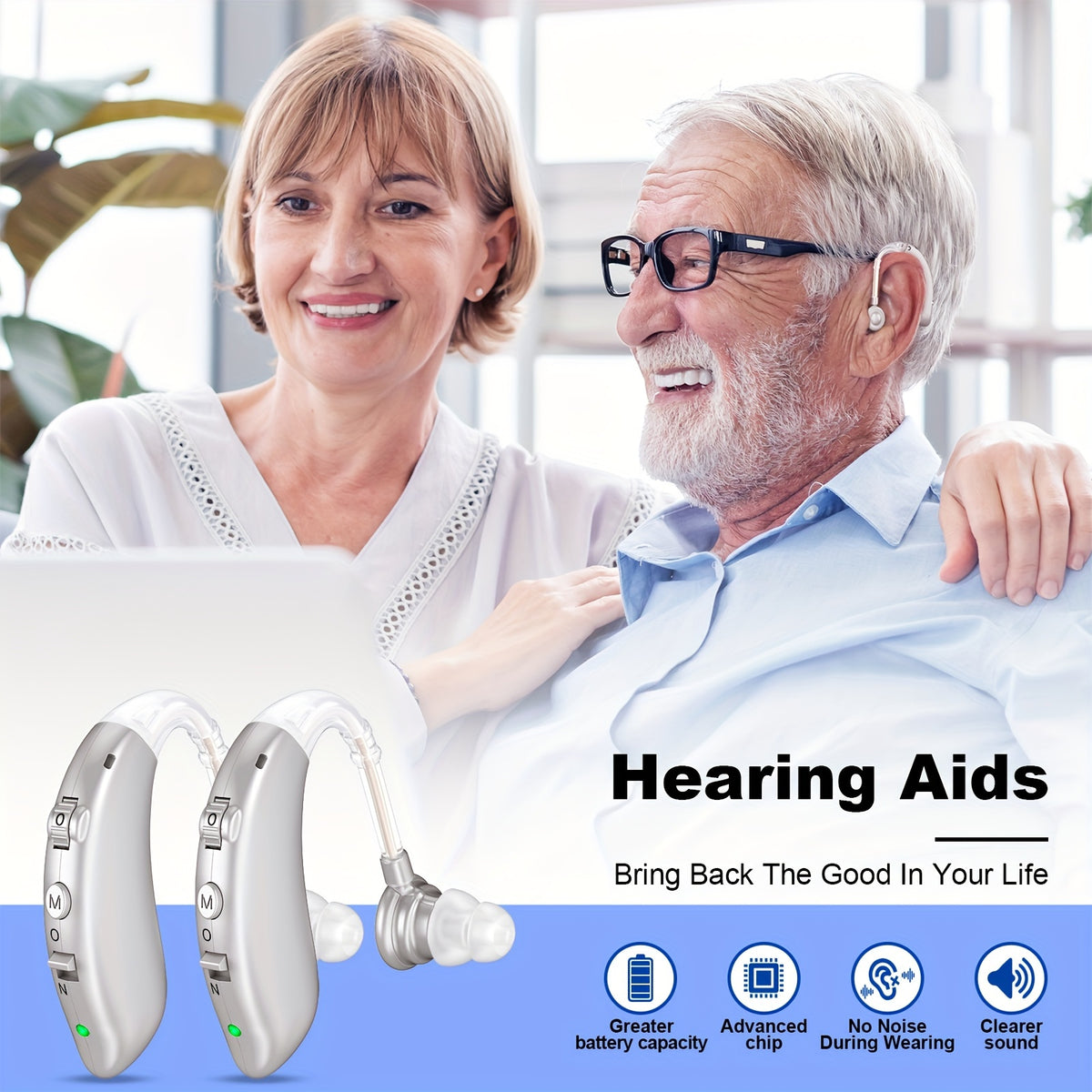 BTE Rechargeable Hearing Aids Pair with Three Frequency Modes, Four Volume Levels, USB Charging and Eight Domes in Silvery, Brown or Blue