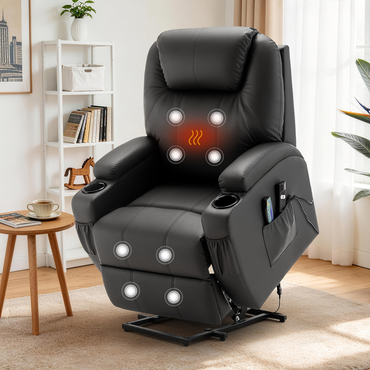 Power Lift Recliner Chair with Massage and Heating Functions, Remote Control and Cup Holder for Home Relaxation, Color and Upholstery Label Options