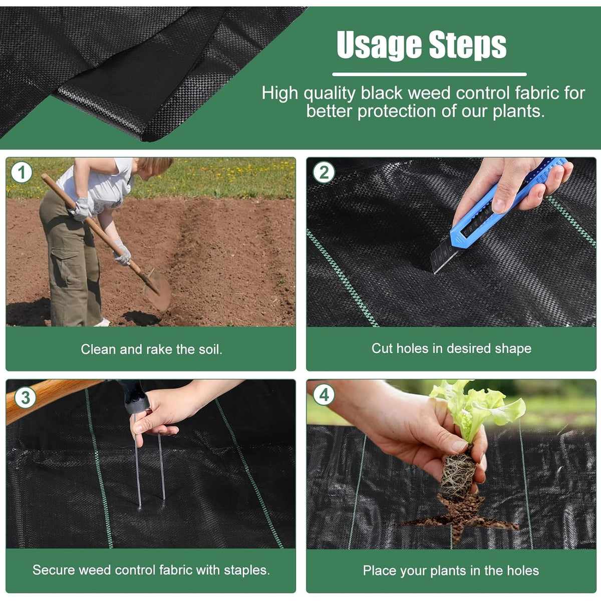 Weed Barrier Fabric Rolls with Green Alignment Lines, 5 x 100 ft, 6 x 100 ft, 8 x 100 ft and 6 x 300 ft Options for Garden Ground Cover