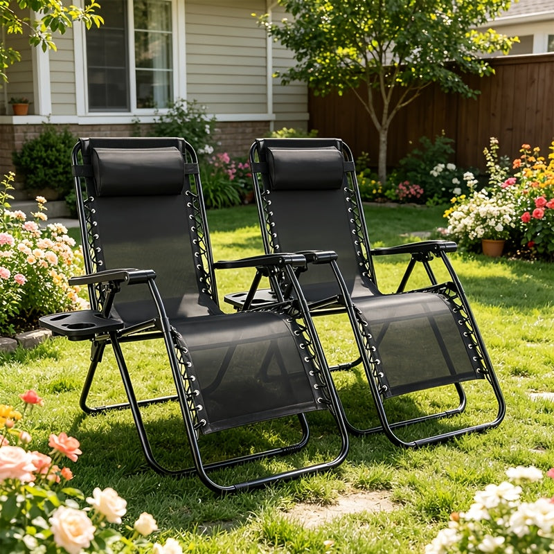 Zero Gravity Chair Set of Two with Adjustable Reclining, Listed Breathable Fabric, Cup Holder Trays and Headrest Pillow for Patio, Camping and Backyard Lounging