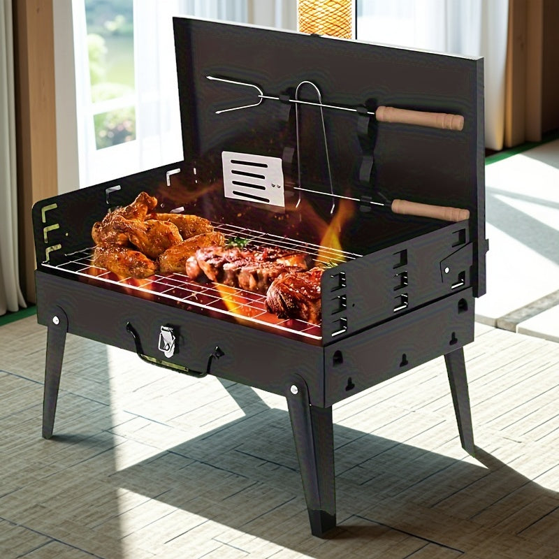 Portable Charcoal BBQ Grill with Compact Folding Design, Three-Piece Set Selection for Camping Cookouts, Outdoor Picnics and Backyard Barbecue Meals