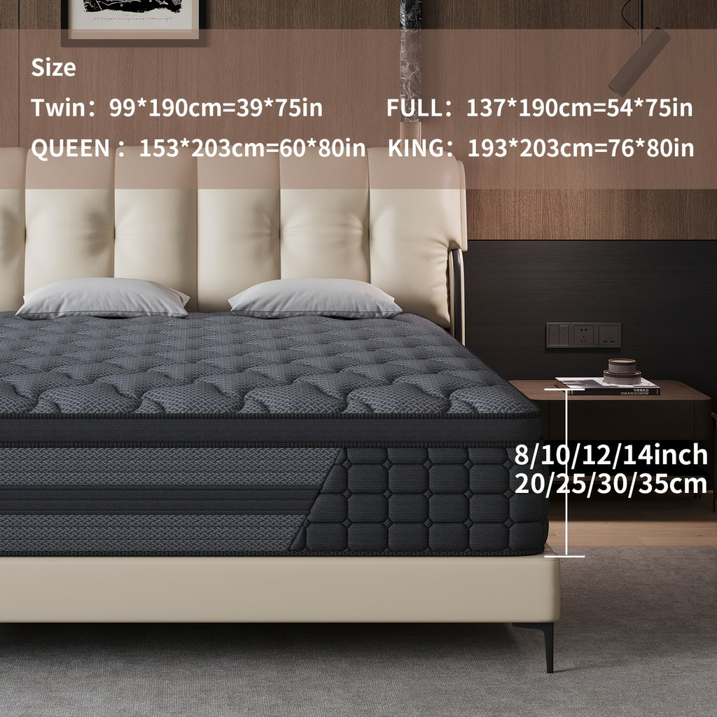 Gel Memory Foam Pocket Spring Mattress, Medium Firm Hybrid Bed in a Box with 8, 10, 12 or 14 Inch Models and Twin, Full, Queen or King Sizes