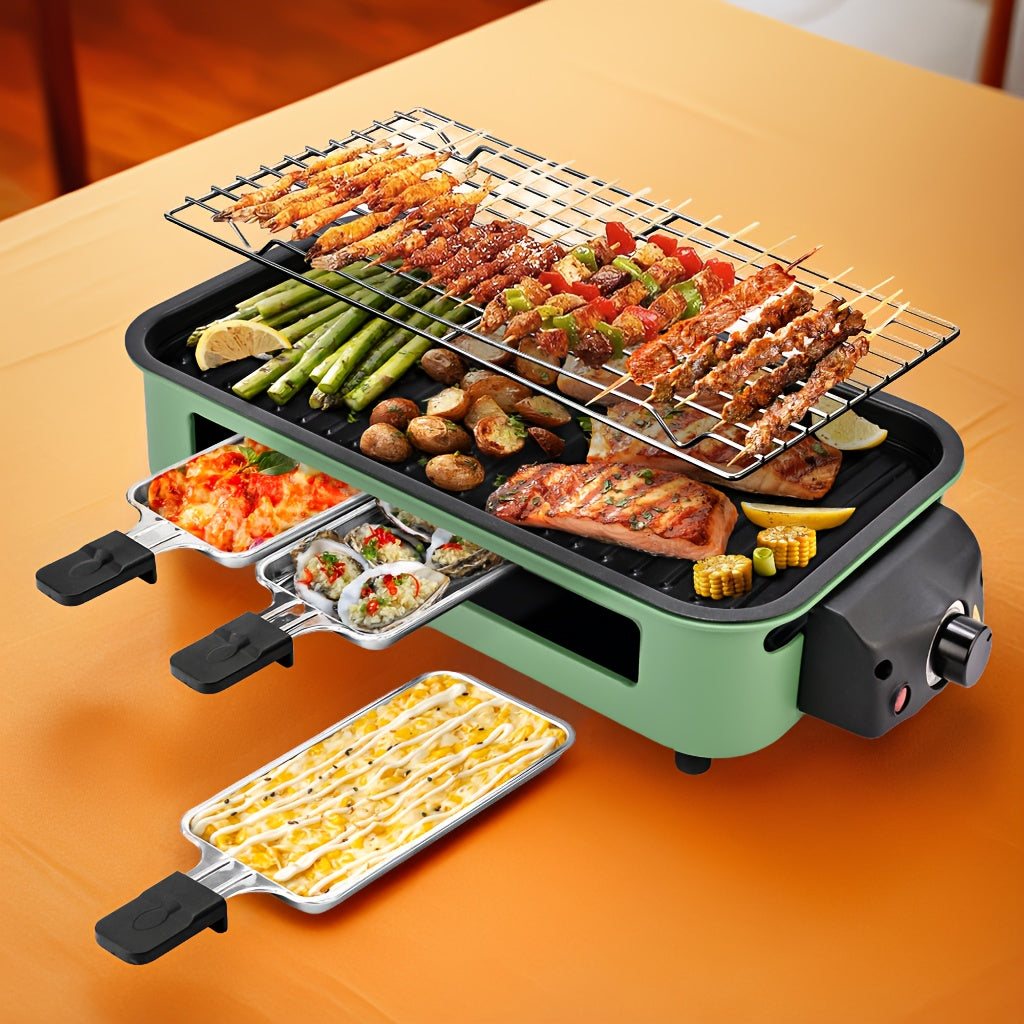 Indoor Raclette Electric Grill, 1500W with 16 x 9 Inch Removable Nonstick Plate and 3 Cheese Pans, Adjustable Temperature for Home Tabletop Cooking