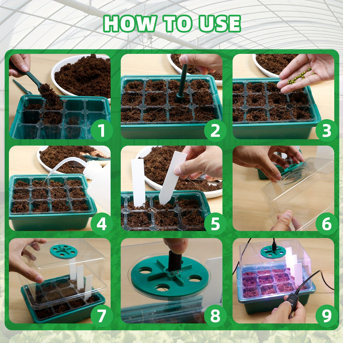 Seed Starting Trays with Grow Light, 5-Set Seedling Kit with Elevated Adjustable Humidity Domes and Clear Cell Trays for Greenhouse Gardening