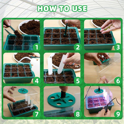 Seed Starting Trays with Grow Light, 5-Set Seedling Kit with Elevated Adjustable Humidity Domes and Clear Cell Trays for Greenhouse Gardening