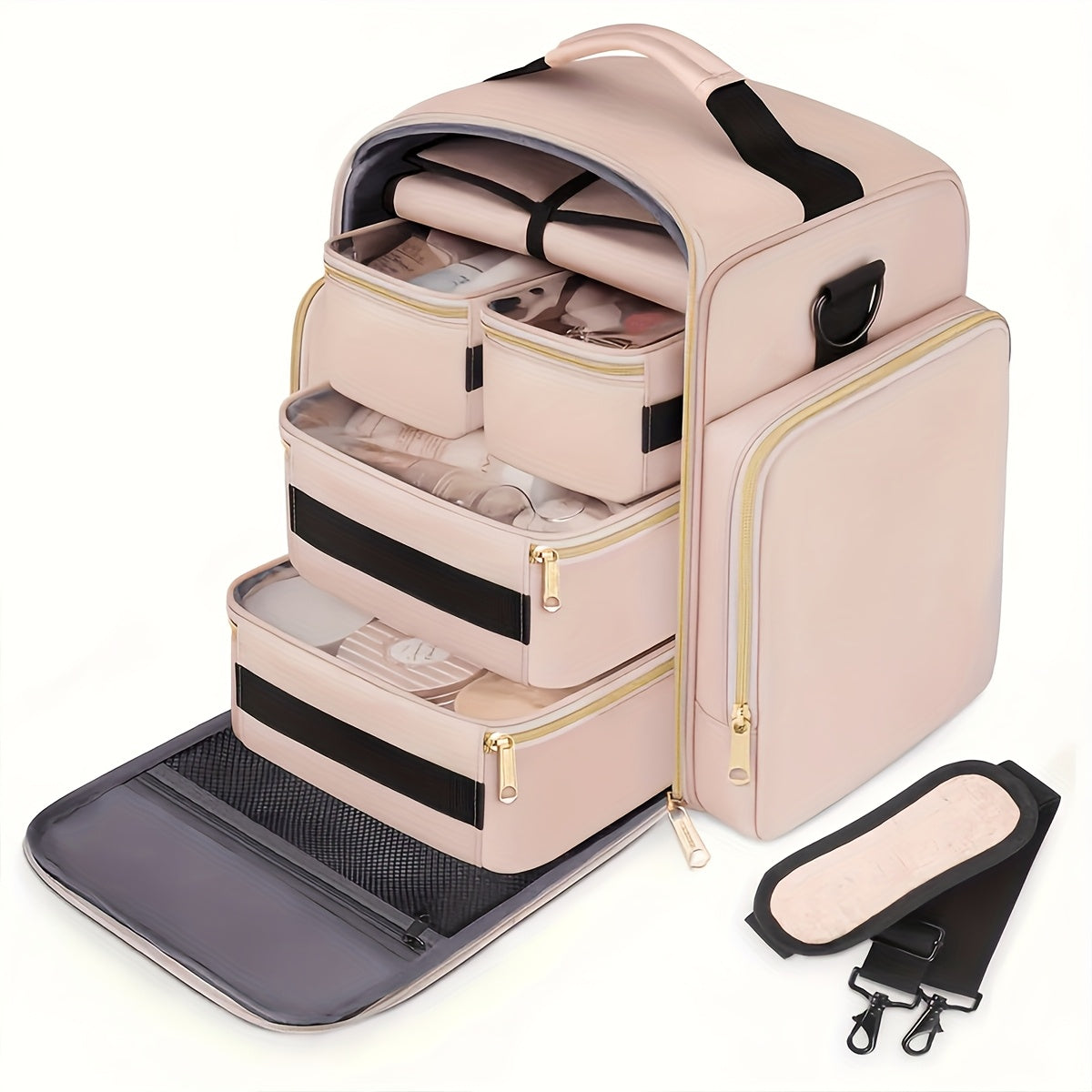 Removable-Pouch Makeup Organizer in Pink with Four Listed Inner Pouches and Jewelry Roll, Multifunction Cosmetic Travel Case for Beauty Essentials and Trip Packing