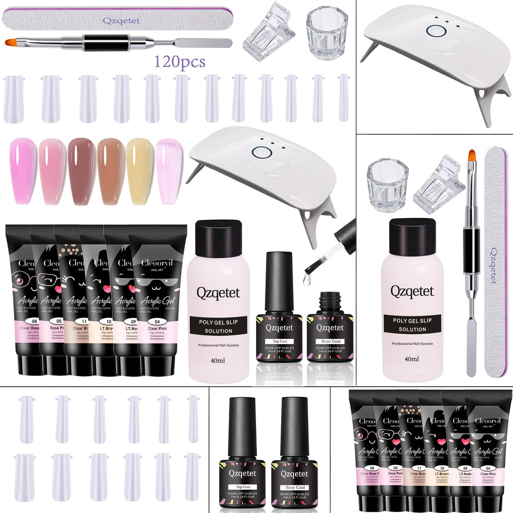 Polymer Gel Nail Extension Kit with 6 Colors, USB-Powered Mini Light and Slip Solution, Q-Extension Glue Set for At-Home Manicure Art Projects