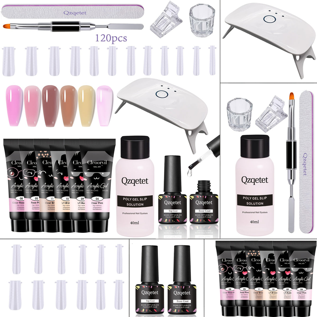 Polymer Gel Nail Extension Kit with 6 Colors, USB-Powered Mini Light and Slip Solution, Q-Extension Glue Set for At-Home Manicure Art Projects