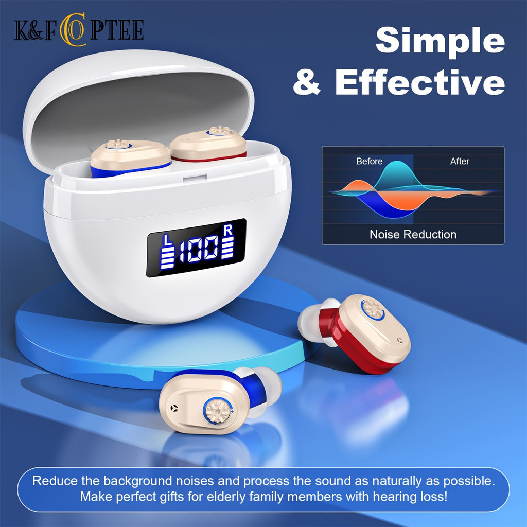 Rechargeable Hearing Device Pair K&FCOPTEE with Digital Display Charging Case, Rotary Volume Control, Six Silicone Ear Domes and Cleaning Accessories
