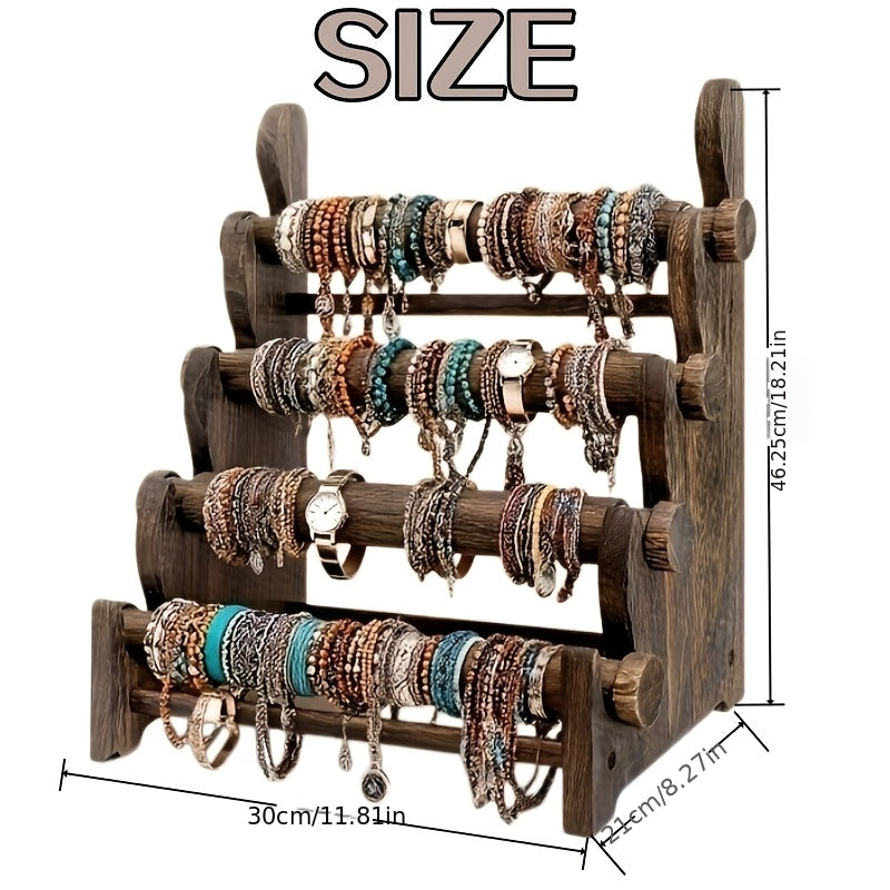 Wooden Bracelet Organizer, 4-Tier Vintage Jewelry Display Rack for Necklaces, Watches and Hair Ties, Desktop Storage for Dresser & Vanity