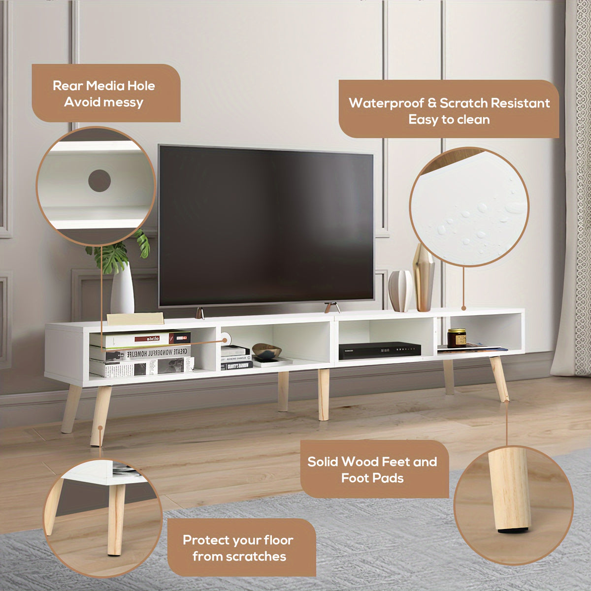 Open Shelf TV Stand with Listed 59-Inch Size and 30–65-Inch Television Compatibility, White or Black Options for Living Room Media Storage and Entertainment Setups
