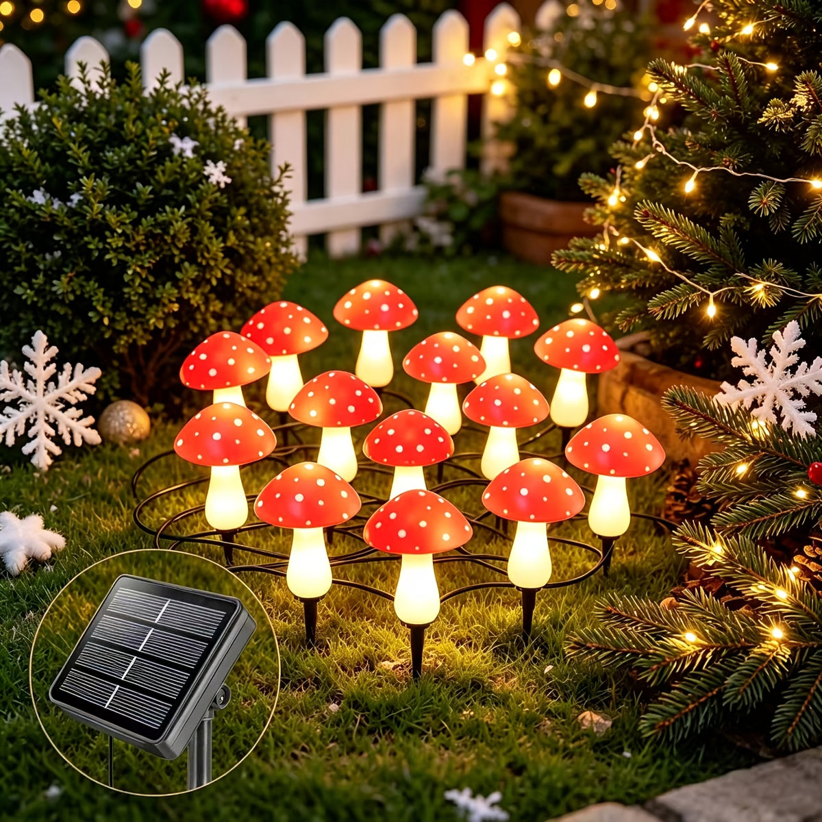 Solar Mushroom Garden Lights, 12-Piece Red Spotted Stake Light Set with Warm White LEDs for Decorative Lawn Borders, Yard Pathways, Patios and Landscape Displays